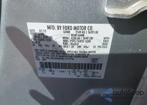 2013 Lincoln Mkx из США, поврежденный, VIN 2LMDJ8JK6DBL11174